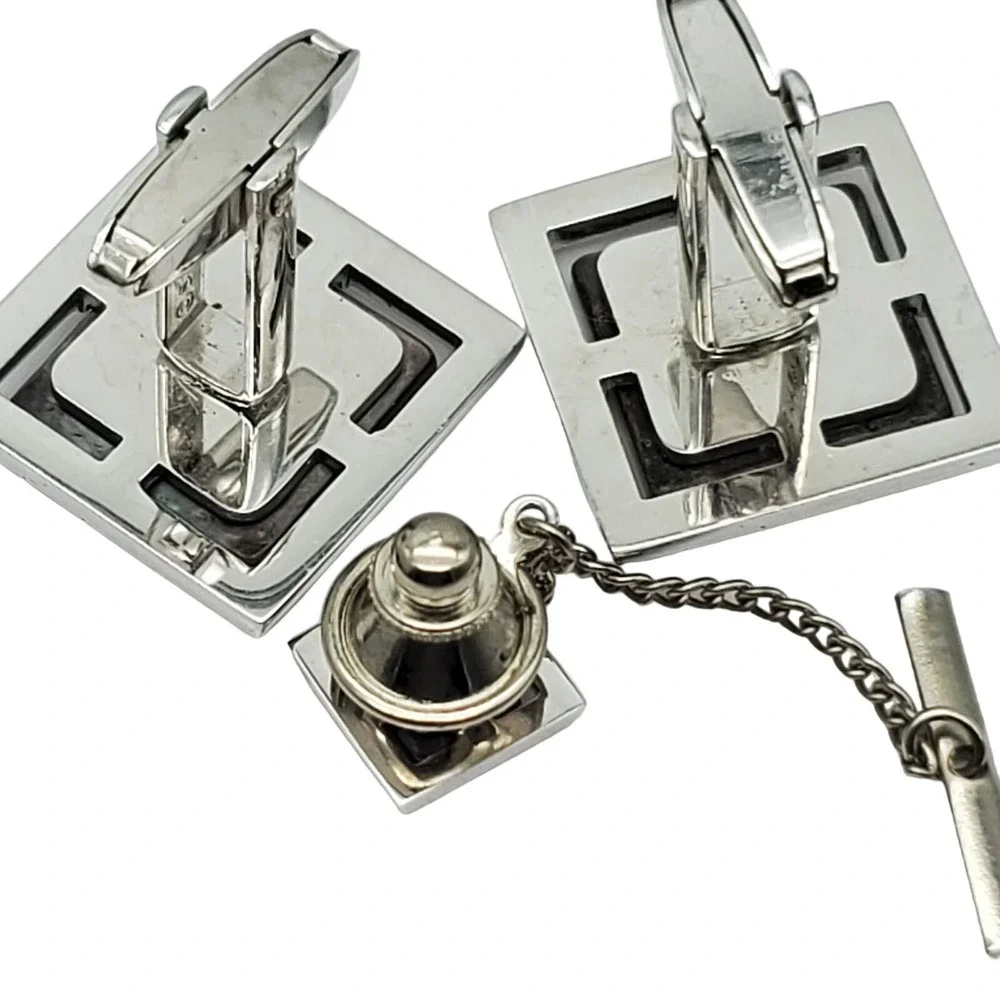 Sarah Coventry Square Abalone Cufflinks Tie Tack Silver Tone Lapel Pin Shell Mod